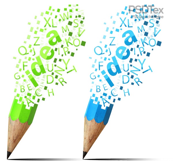 Ukazane dwa ołówki: ten po lewej jest zielony, a po prawej niebieski. Oba rozsypują się, a na środku tych cząsteczek na obu ołówkach jest napis "idea"