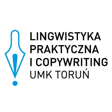 Po lewej stronie są niebieskie kontury pióra, a po prawej napis "Lingwistyka praktyczna i copywriting UMK Toruń"